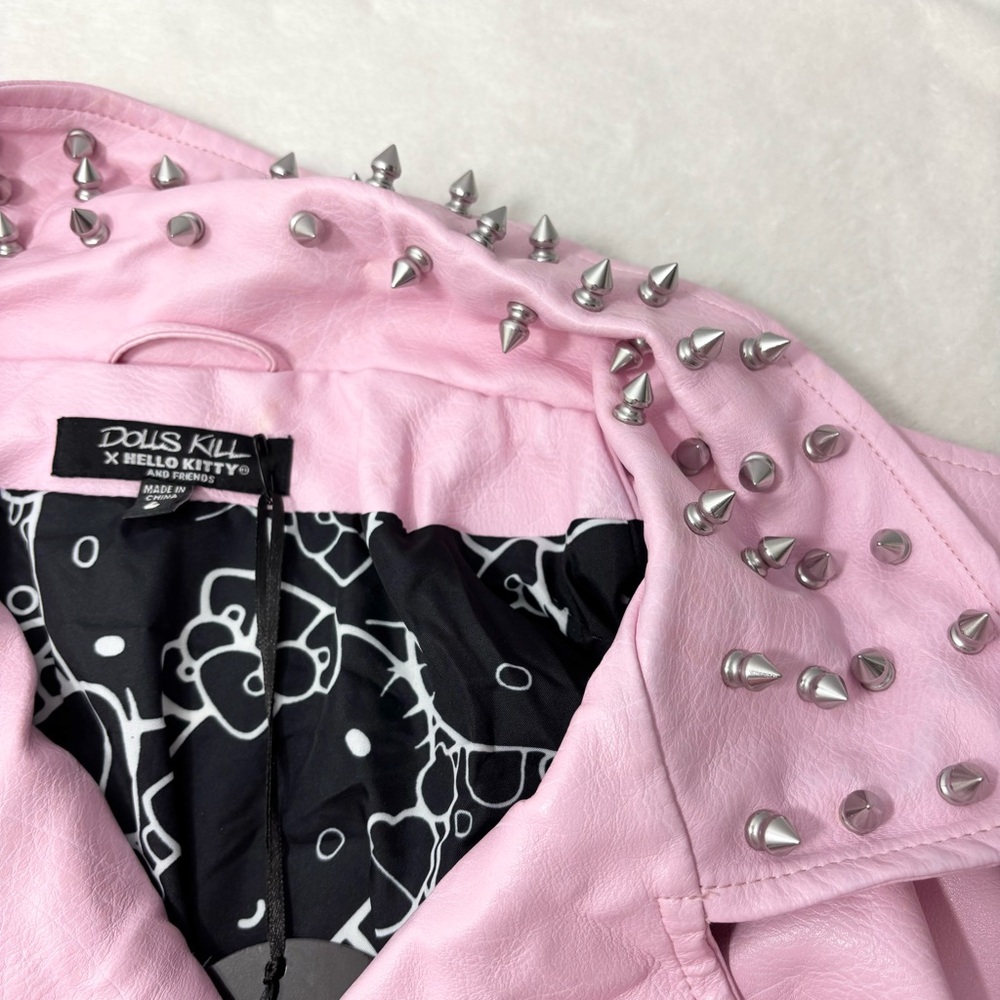 Dolls Kill X Hello Kitty Faux Leather Moto Jacket Spikes Full Lined Size L - Picture 14 of 15